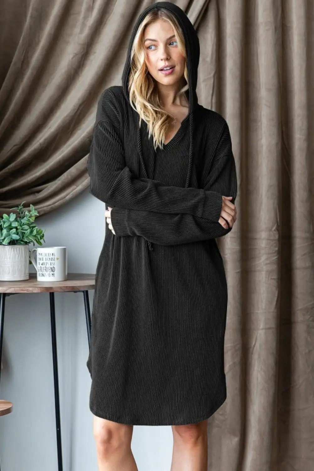 Heimish Ribbed Long Sleeve Hooded Dress - Trendsi