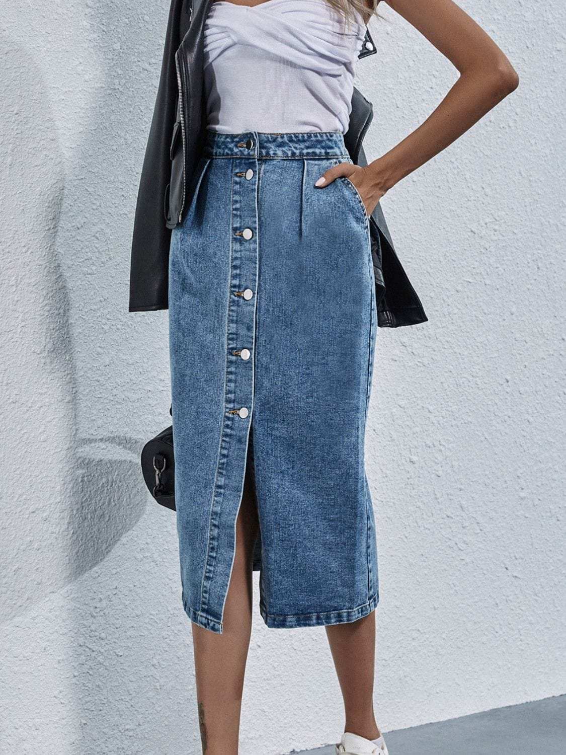 Buttoned Denim Skirt with Pockets - Trendsi - Flyclothing LLC