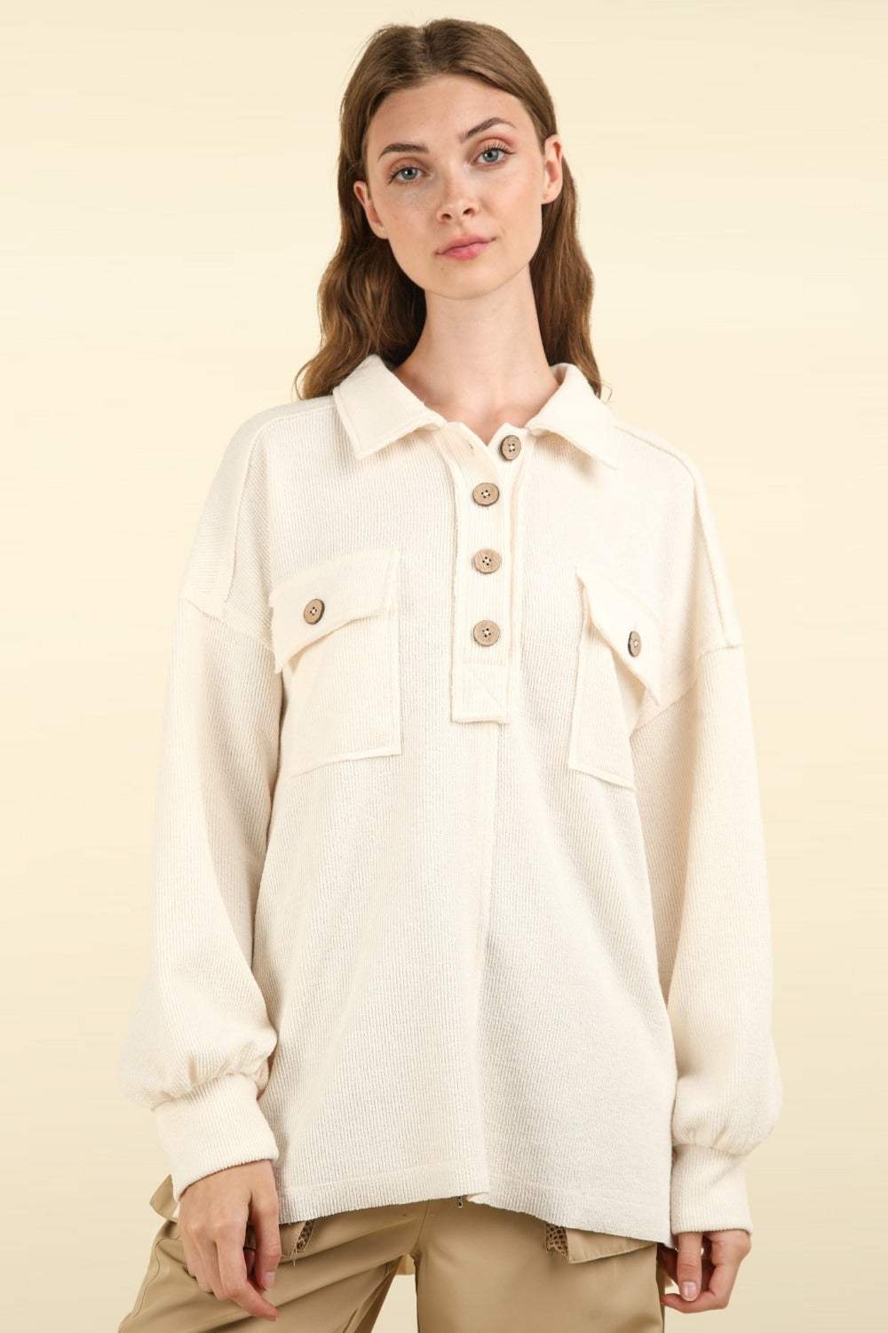 VERY J Collared Half Button Knit Top with Pockets - Trendsi - Flyclothing LLC