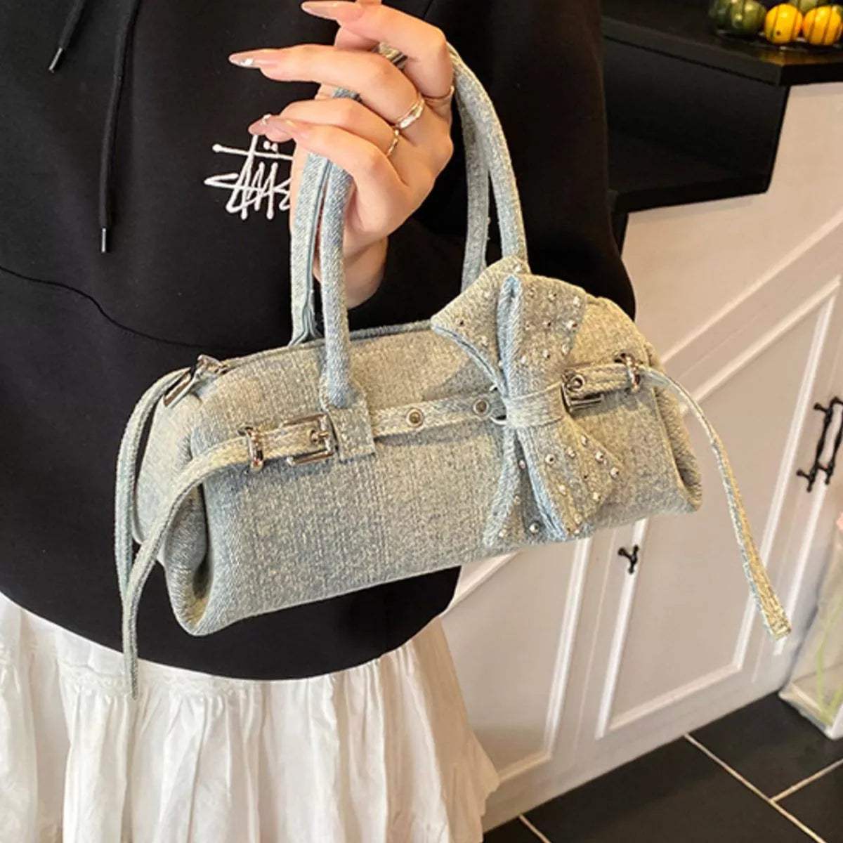 Denim Bow Accent Crossbody Bag - Trendsi - Flyclothing LLC