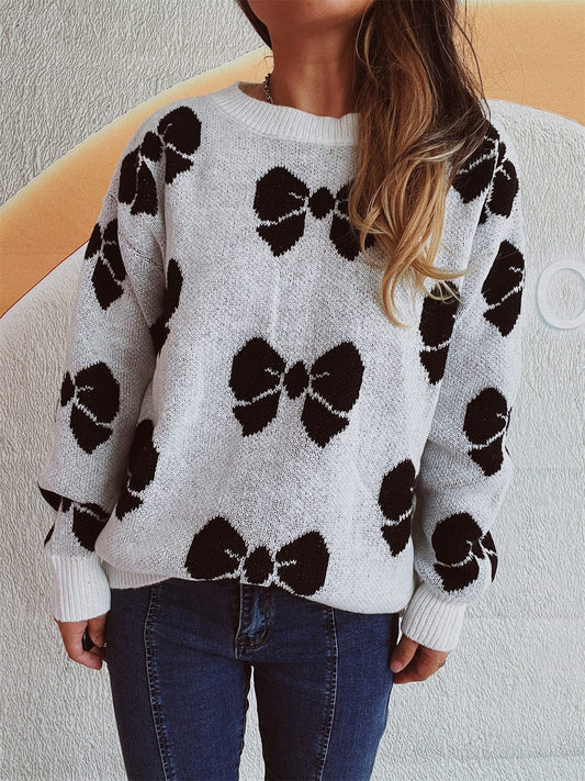 Bow Round Neck Dropped Shoulder Sweater - Trendsi