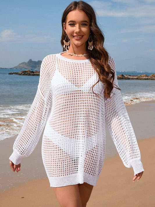 Backless Boat Neck Long Sleeve Cover Up - Trendsi - Flyclothing LLC