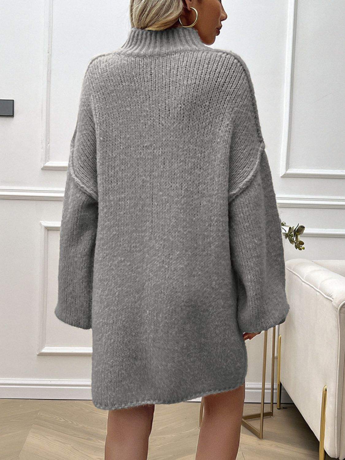 Devine Mock Neck Long Sleeve Mini Sweater Dress - Trendsi - Flyclothing LLC