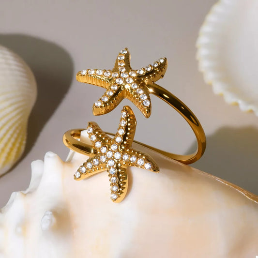 18K Gold-Plated Stainless Steel Zircon Starfish Ring - Trendsi - Flyclothing LLC