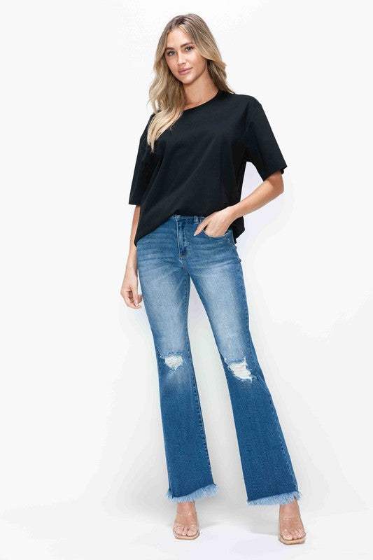 bytos Full Size Raw Hem Distressed High Rise Bootcut Jeans - Trendsi - Flyclothing LLC
