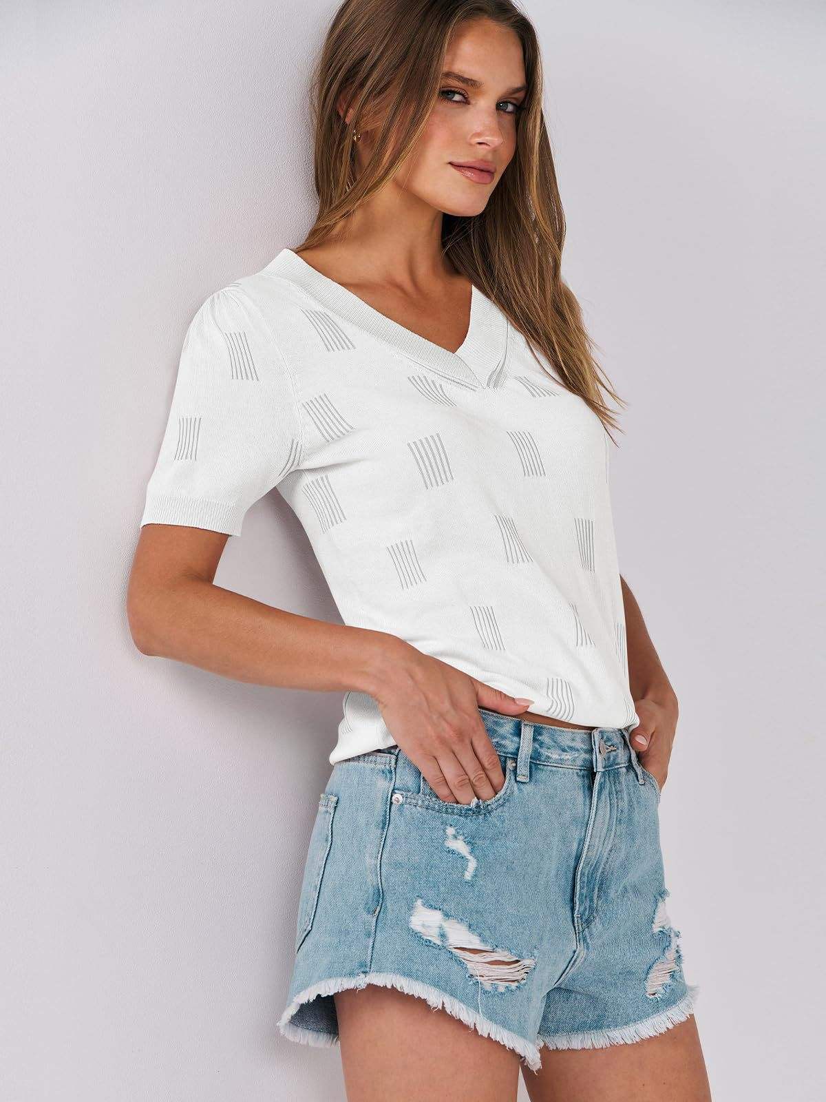 V-Neck Half Sleeve Knit Top - Trendsi - Flyclothing LLC