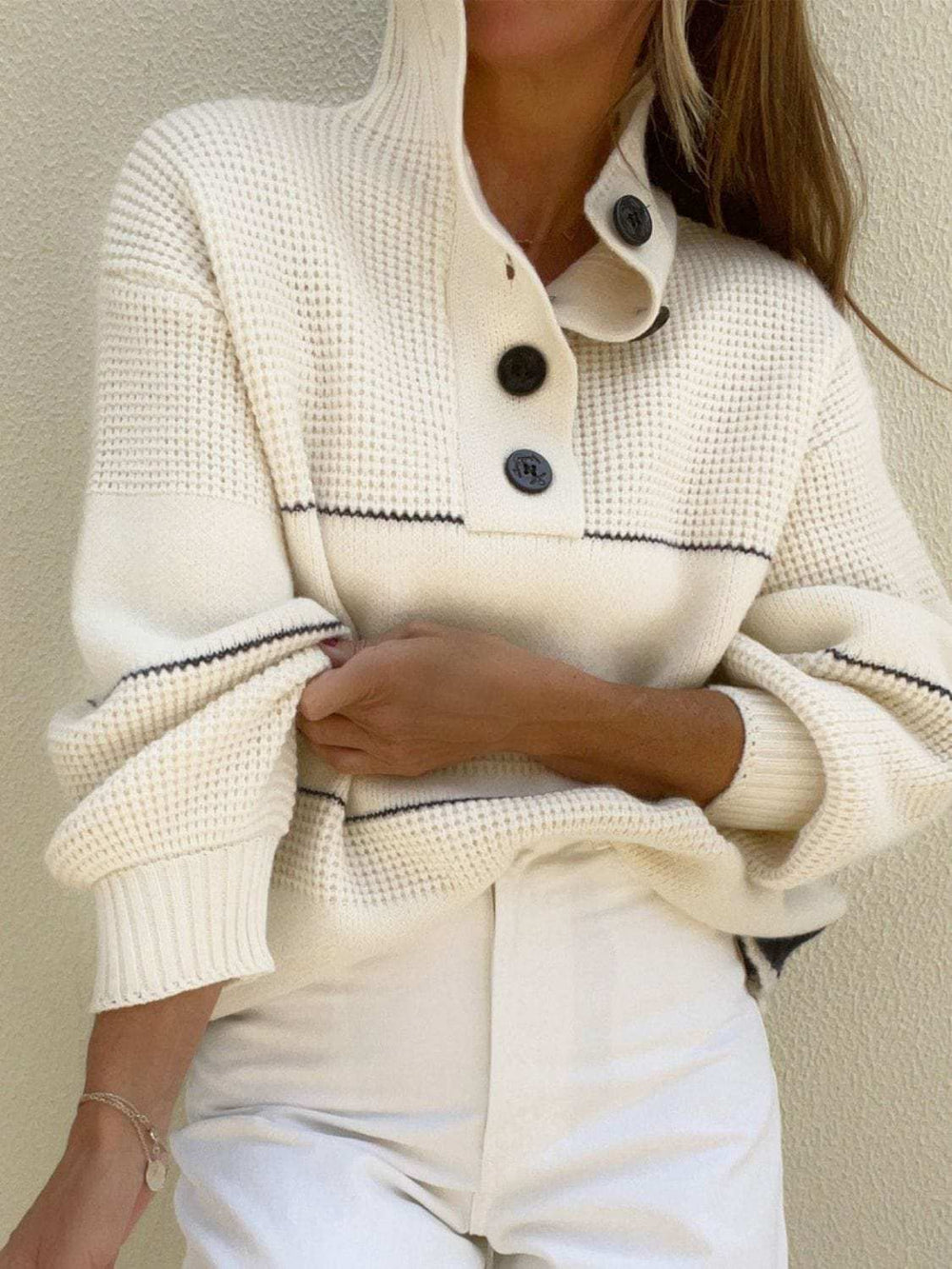Waffle-Knit Half Button Long Sleeve Sweater - Trendsi - Flyclothing LLC