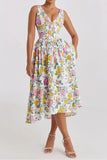 Floral V-Neck Sleeveless Midi Dress with Pockets - Trendsi