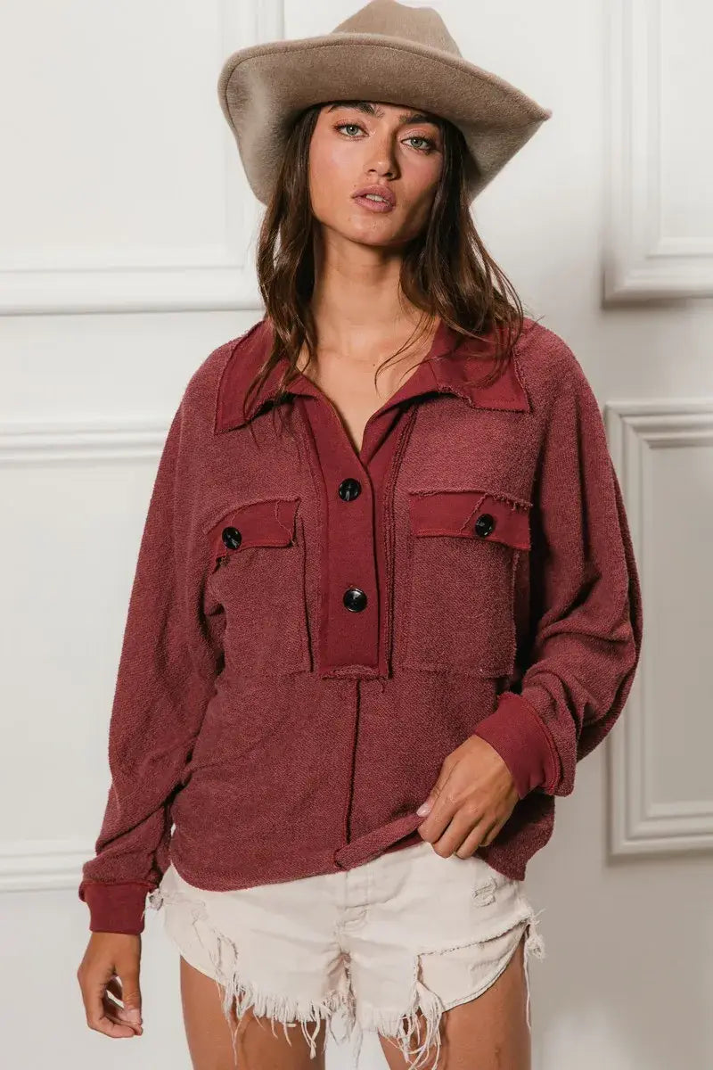 BiBi Cp French Terry Cut Edge Detail Collared Top - Trendsi - Flyclothing LLC
