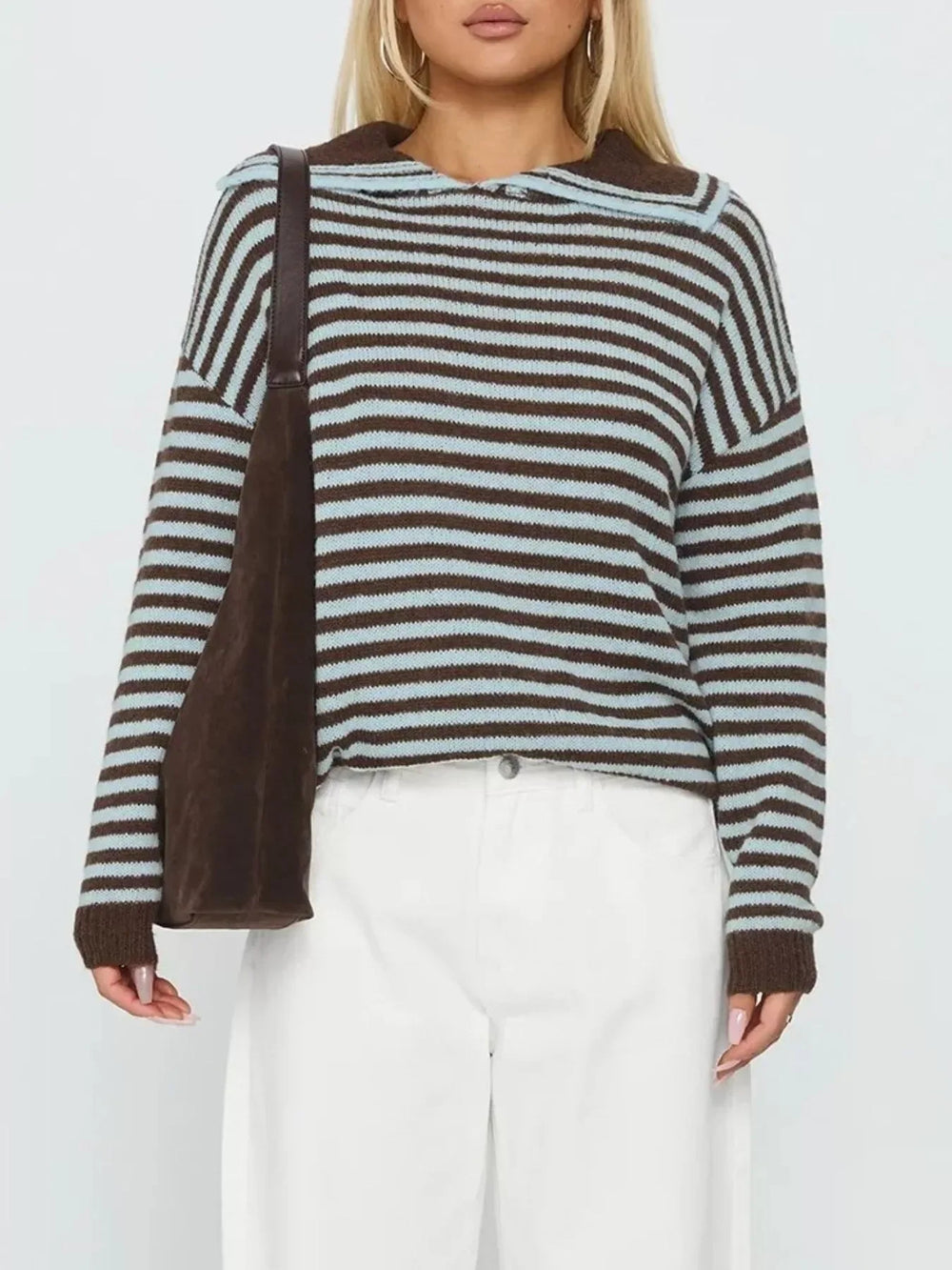 Striped Knit Dropped Shoulder Sweater - Trendsi - Flyclothing LLC