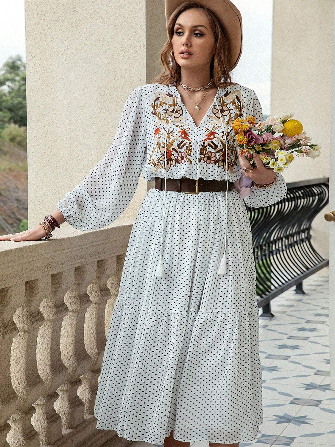 Plus Size Printed Tie Neck Long Sleeve Midi Dress - Trendsi - Flyclothing LLC