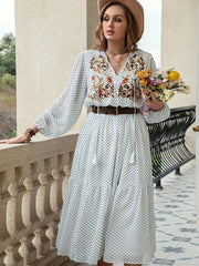 Plus Size Printed Tie Neck Long Sleeve Midi Dress - Trendsi