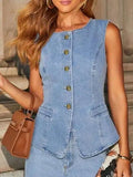 Button Down Vest and Wide Leg Jeans Denim Set - Trendsi