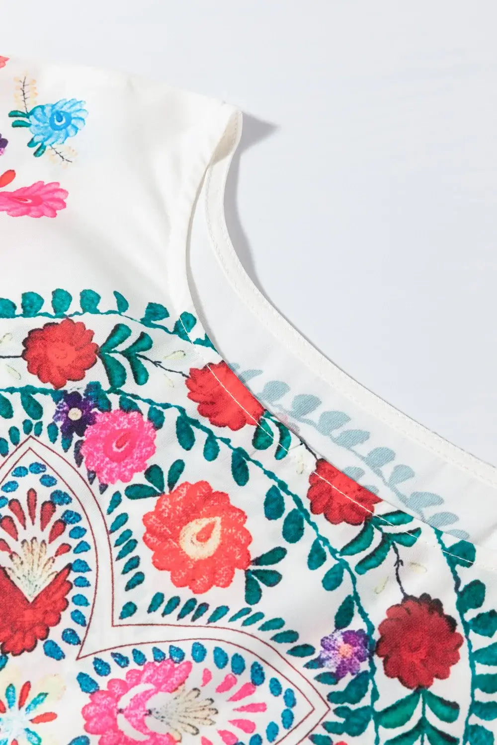 Floral Print Round Neck Ruffle Trim Blouse - Trendsi - Flyclothing LLC