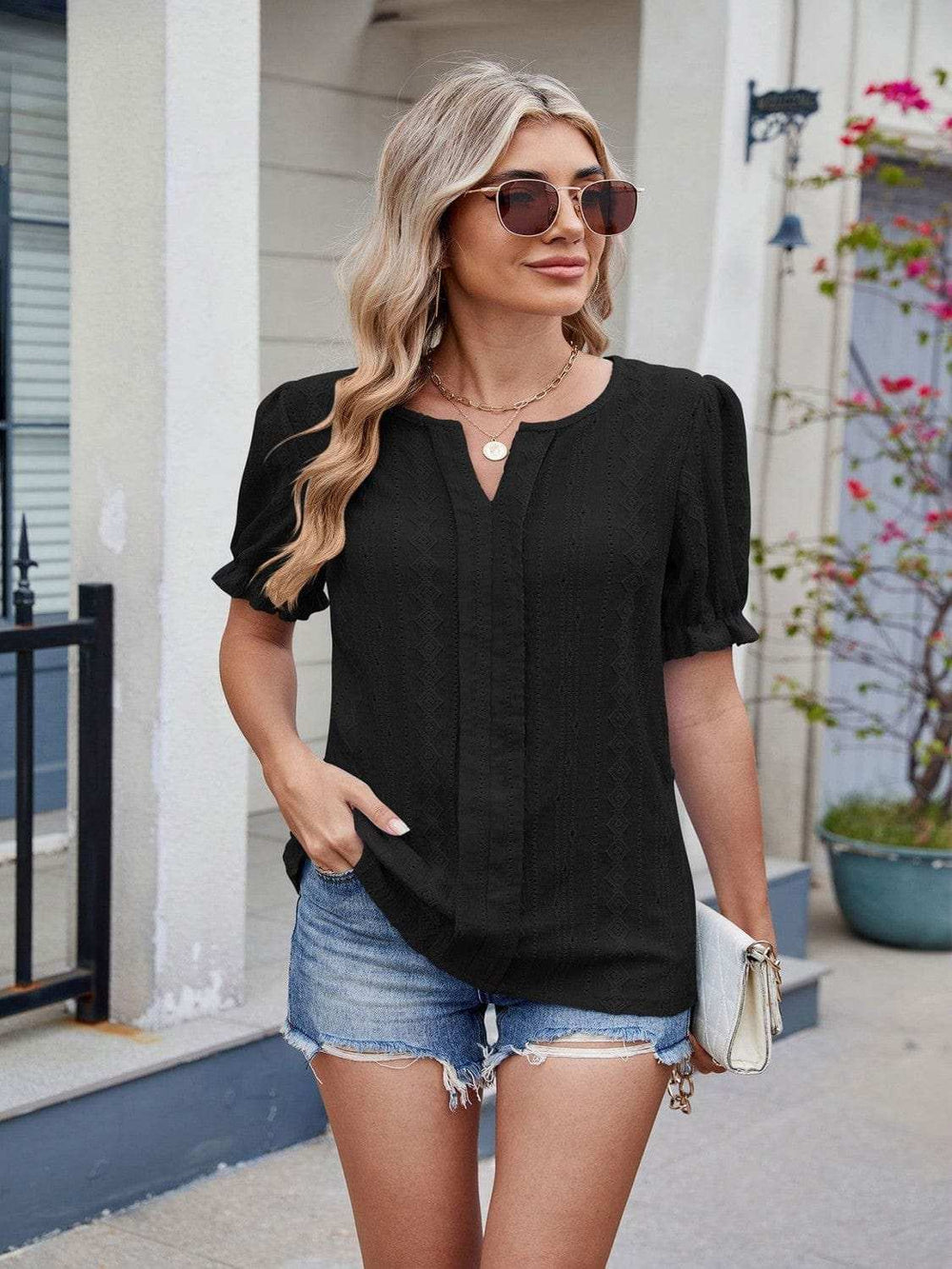 Eyelet Notched Short Sleeve Top - Trendsi - Flyclothing LLC