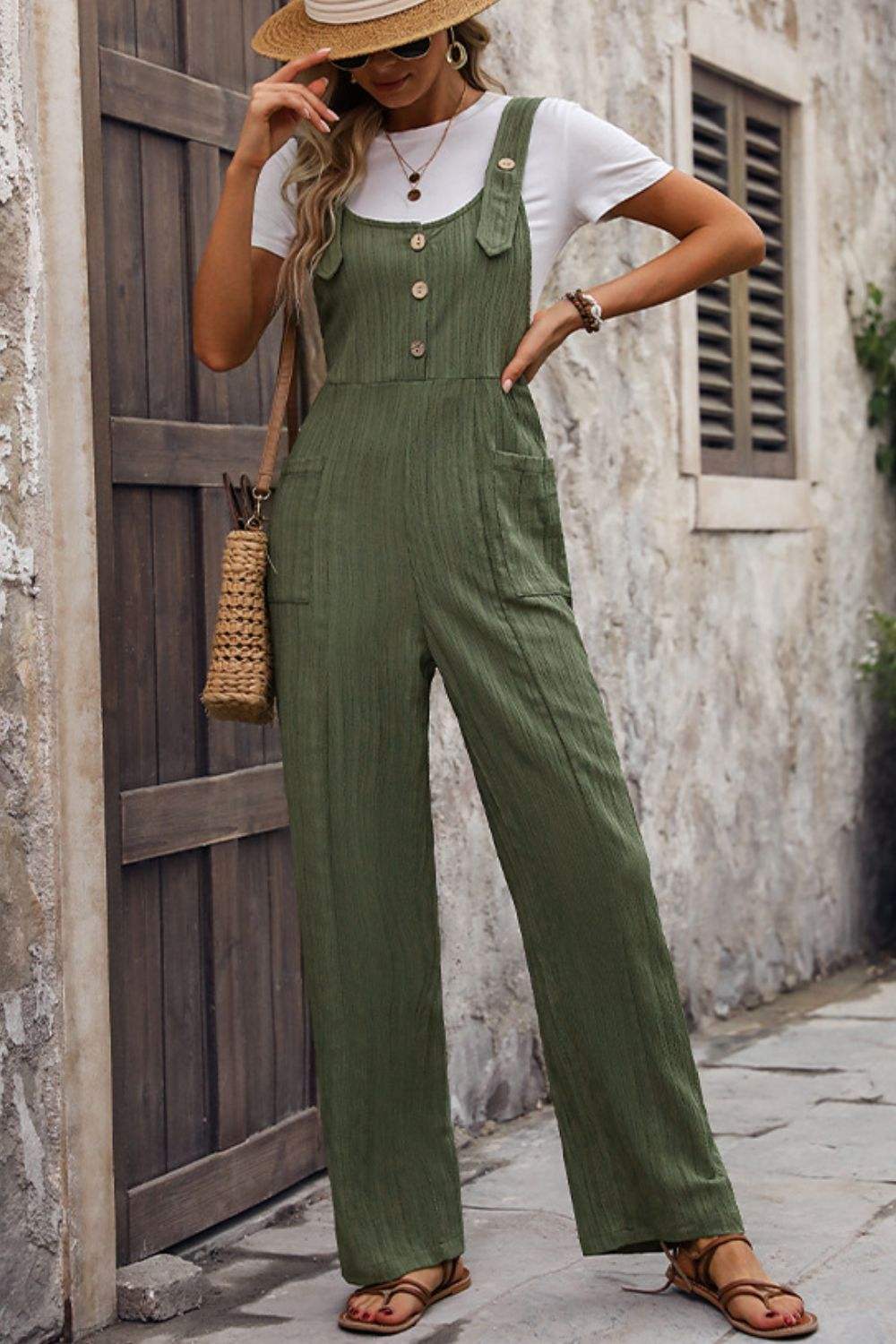 Textured Pocketed Wide Strap Overalls - Trendsi - Flyclothing LLC