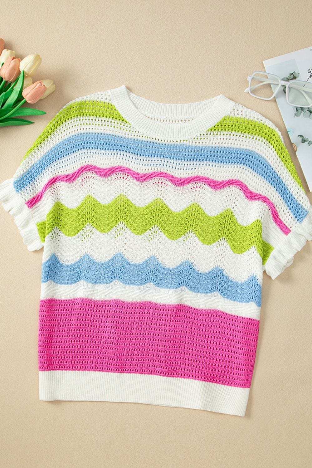 Color Block Crochet Ruffled Short Sleeve Knit Top - Trendsi - Flyclothing LLC