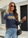 Contrast Round Neck Long Sleeve Sweater - Trendsi