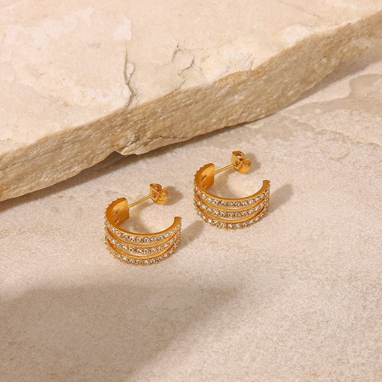 Stainless Steel Inlaid Zircon C-Hoop Earrings - Trendsi - Flyclothing LLC