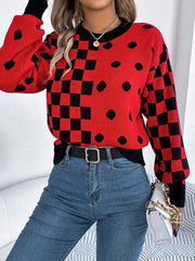 Plaid Round Neck Long Sleeve Sweater - Trendsi