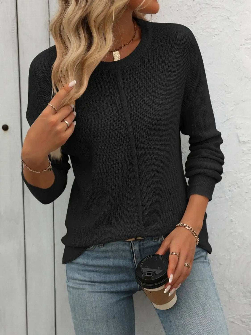 Round Neck Dropped Shoulder Knit Top - Trendsi - Flyclothing LLC