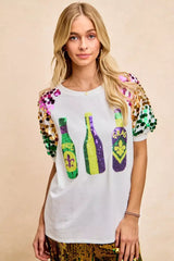 BiBi Sequin Mardi Gras Bottles Spangled Sleeve Top - Trendsi - Flyclothing LLC