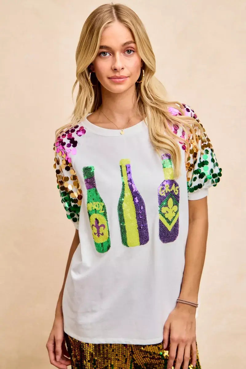 BiBi Sequin Mardi Gras Bottles Spangled Sleeve Top - Trendsi - Flyclothing LLC