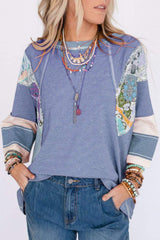 Striped Floral Patchwork Round Neck Top - Trendsi - Flyclothing LLC