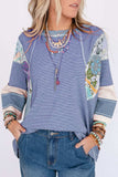 Striped Floral Patchwork Round Neck Top - Trendsi - Flyclothing LLC