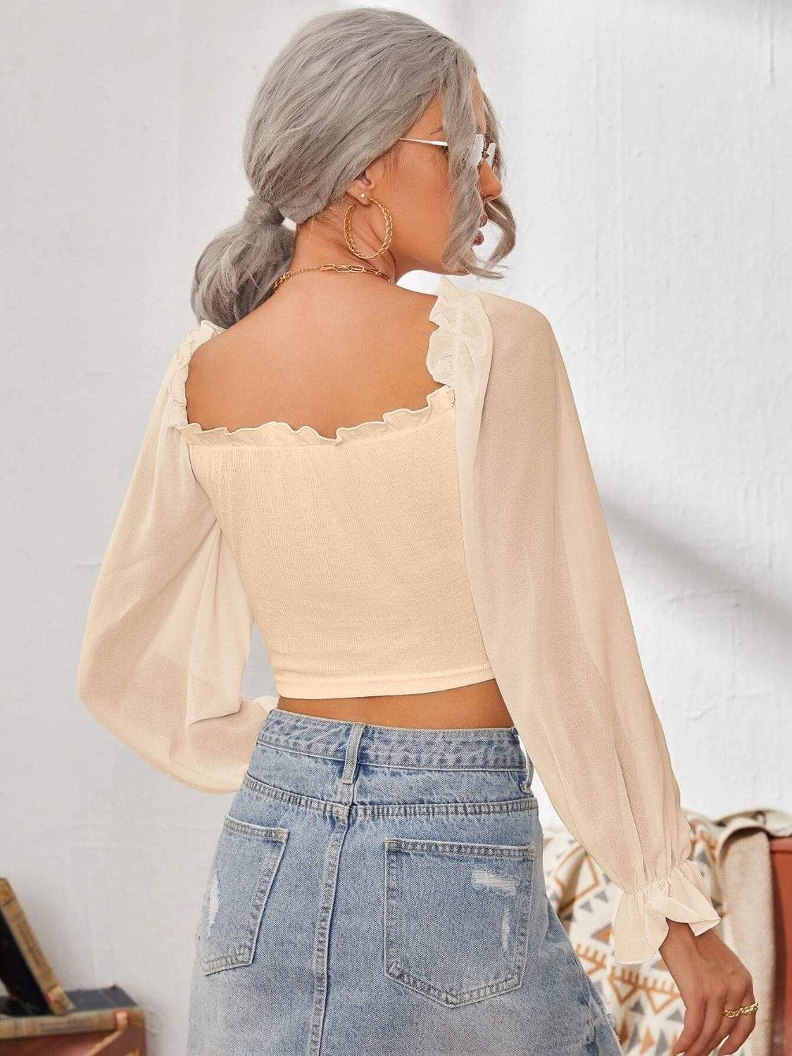Mesh Sweetheart Neck Flounce Sleeve Top - Trendsi - Flyclothing LLC