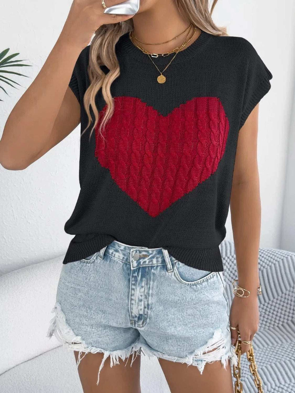 Cable Knit Heart Round Neck Cap Sleeve Knit Top - Trendsi - Flyclothing LLC