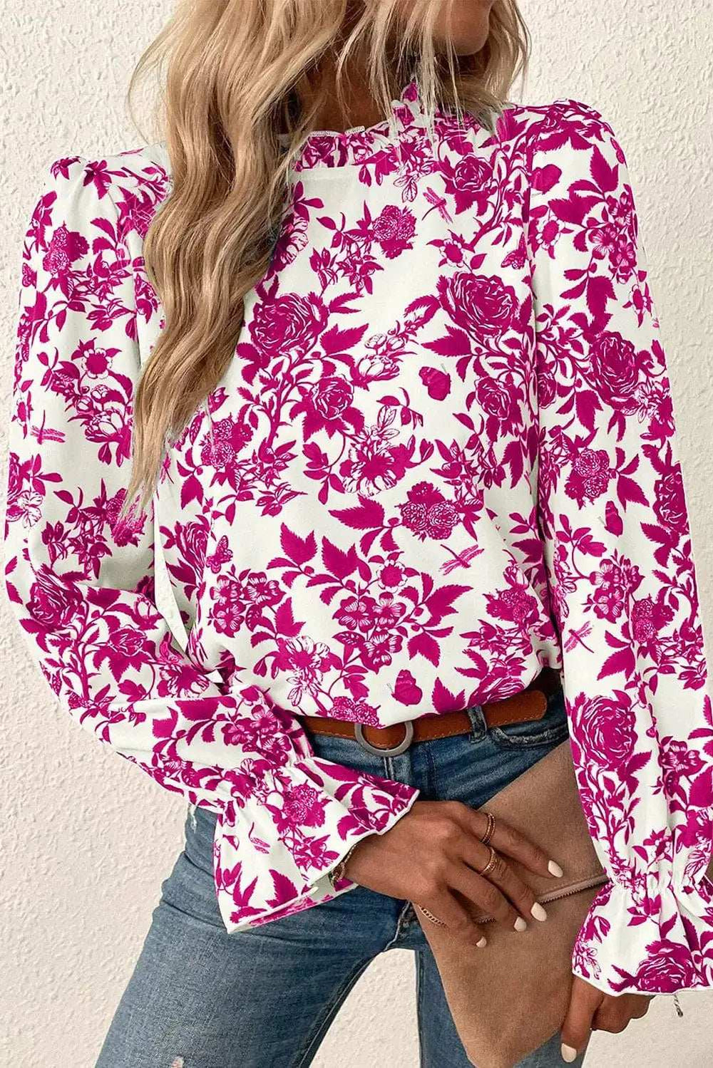 Printed Mock Neck Flounce Sleeve Blouse - Trendsi - Flyclothing LLC