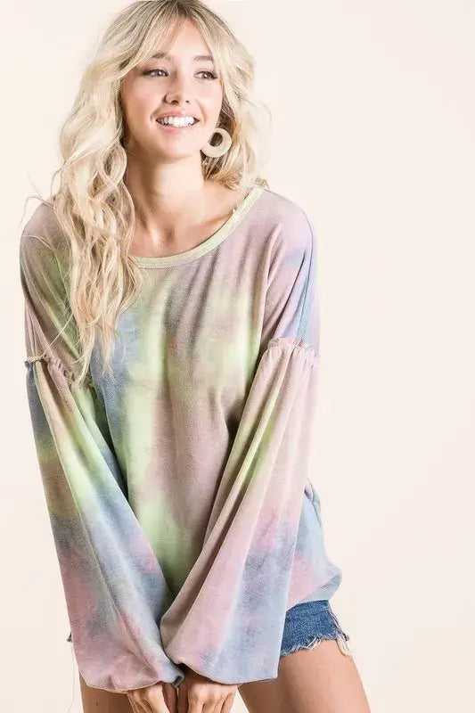 BiBi Tie Dye French Terry Sweatshirt With Bubble Sleeves - Trendsi - Flyclothing LLC