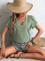 Swiss Dot V-Neck Petal Sleeve Blouse - Trendsi - Flyclothing LLC