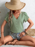 Swiss Dot V-Neck Petal Sleeve Blouse - Trendsi