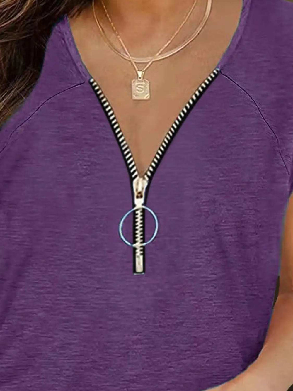 Full Size Half Zip Cap Sleeve T-Shirt - Trendsi - Flyclothing LLC