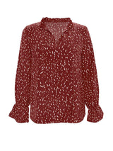 Ruffled Printed Tie Neck Long Sleeve Blouse - Trendsi - Flyclothing LLC