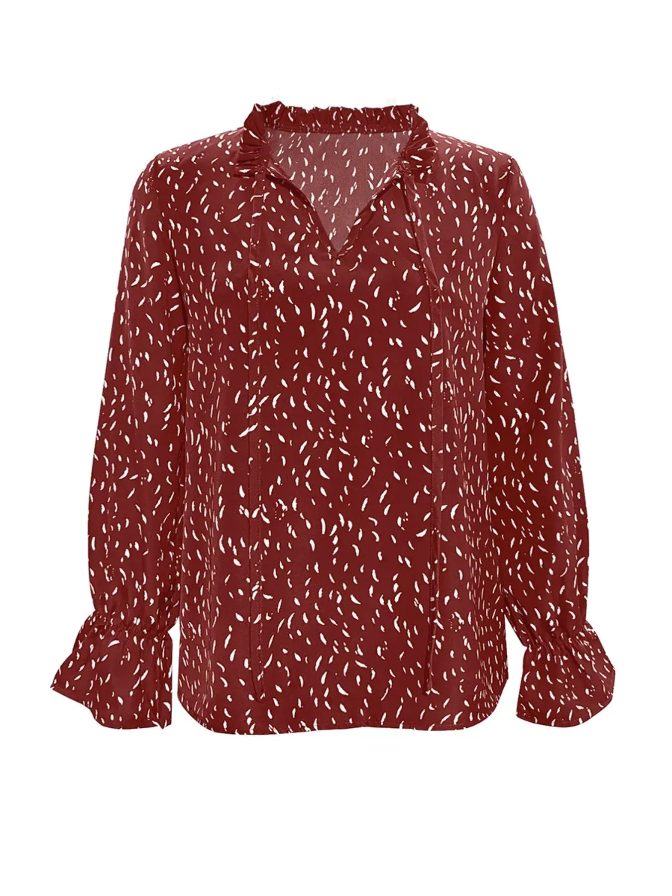 Ruffled Printed Tie Neck Long Sleeve Blouse - Trendsi - Flyclothing LLC