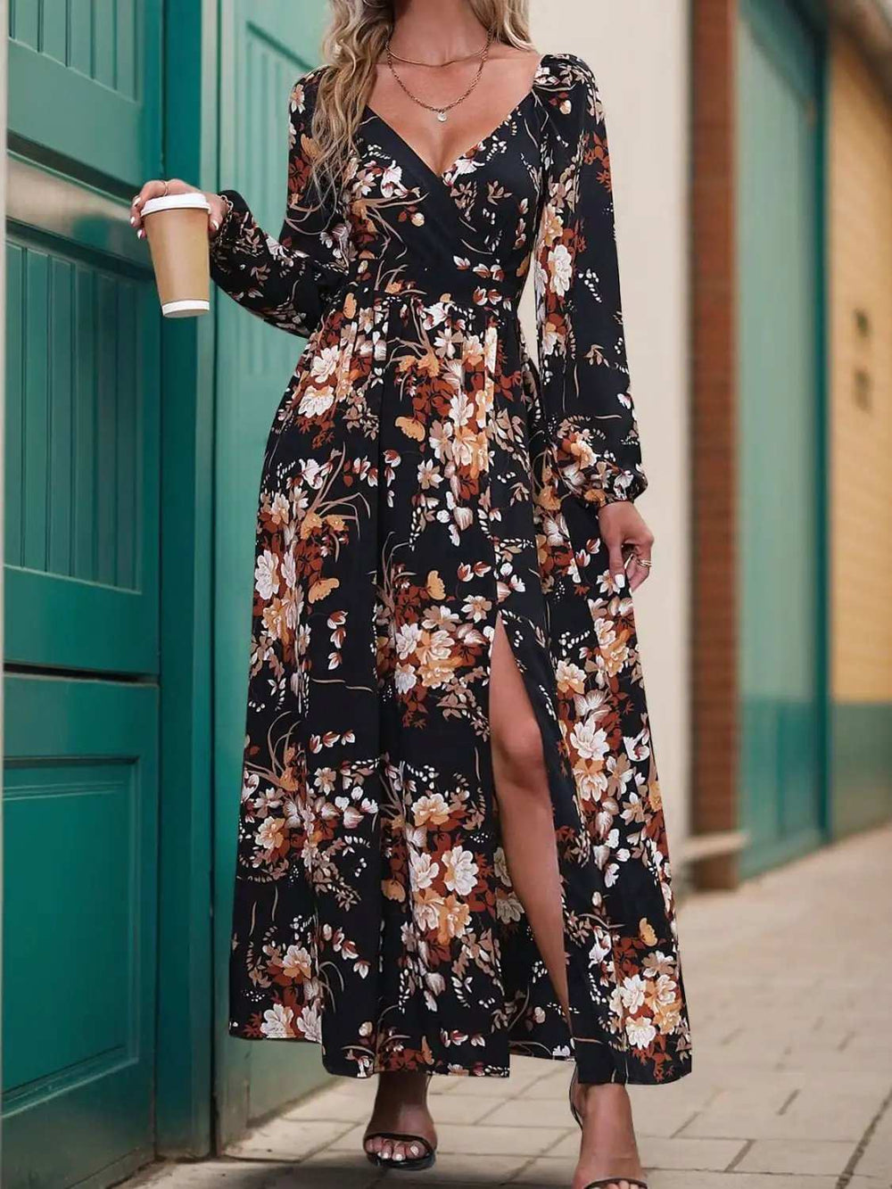 Slit Printed Surplice Long Sleeve Maxi Dress - Trendsi - Flyclothing LLC