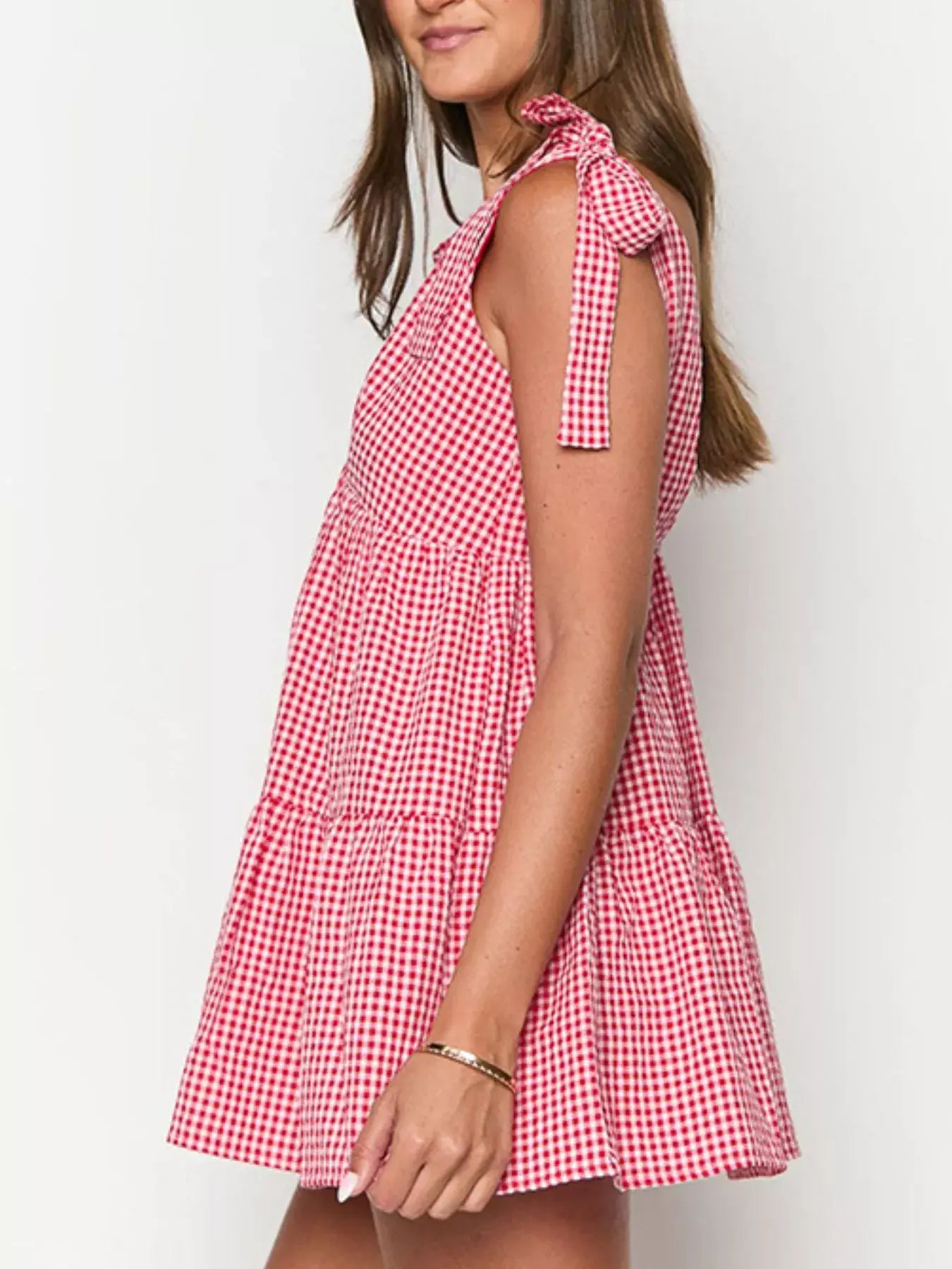 Gingham Tie-Shoulder Mini Dress - Trendsi - Flyclothing LLC