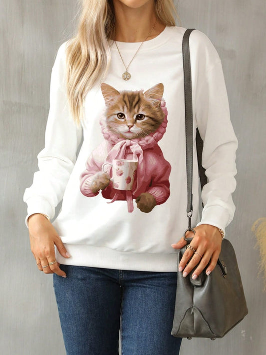 Cat Round Neck Long Sleeve Sweatshirt - Trendsi