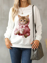 Cat Round Neck Long Sleeve Sweatshirt - Trendsi