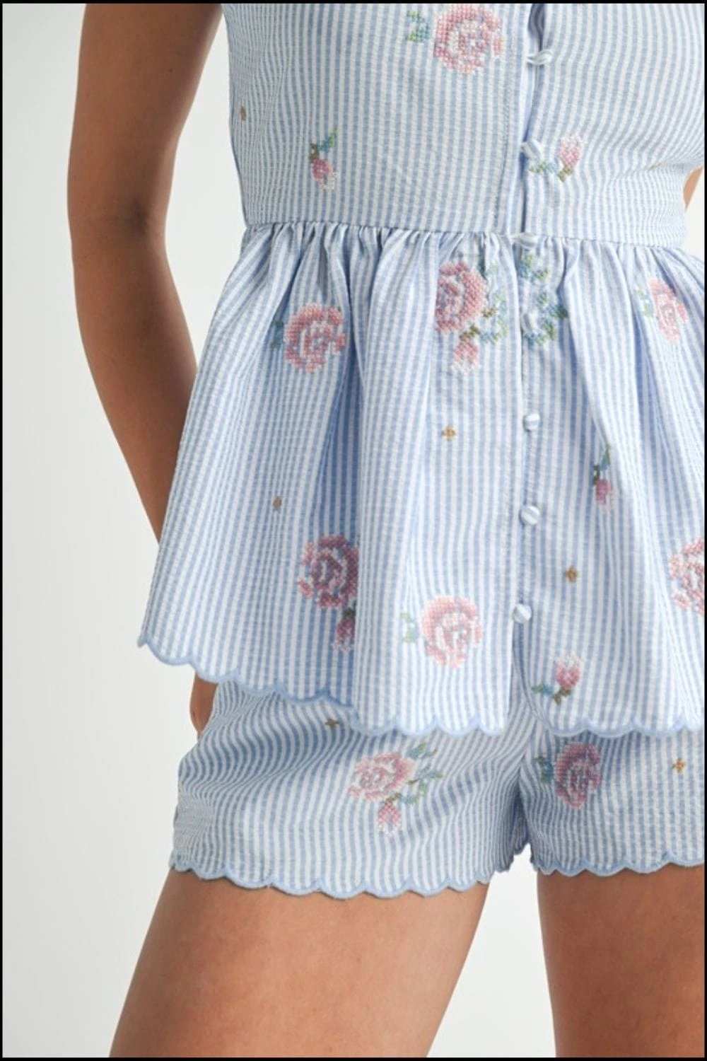 MABLE Stripe Embroidered Peplum Cami and Shorts Set - Trendsi - Flyclothing LLC