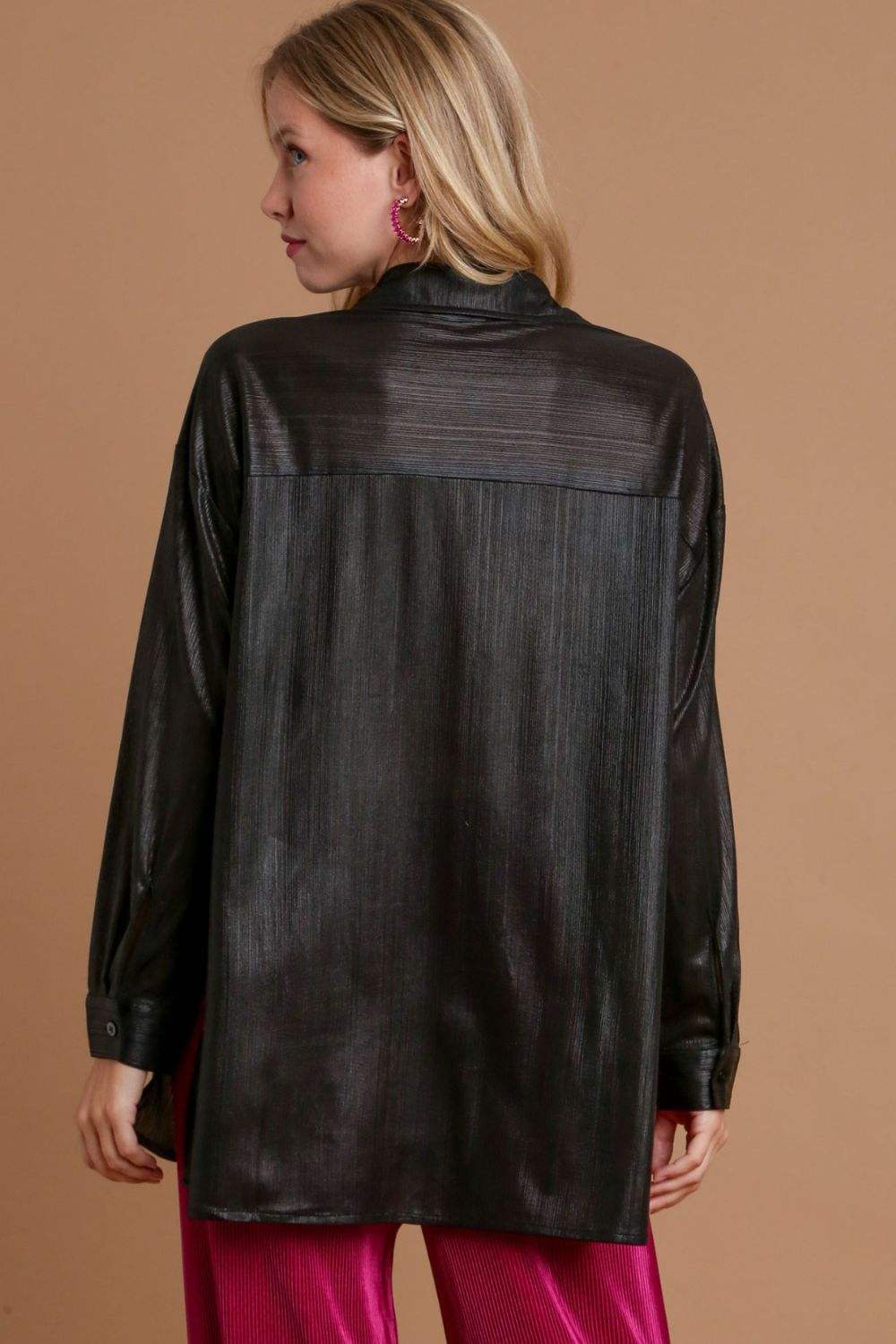 Umgee Side Slit Button Up Long Sleeve Shirt - Trendsi - Flyclothing LLC