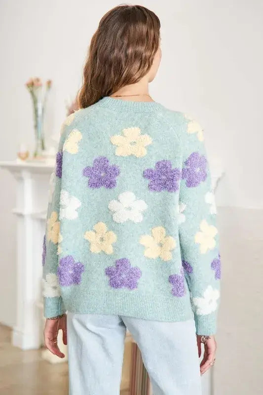ADORA Full Size Floral Popped 2-Tone Sweater Top Plus Size - Trendsi - Flyclothing LLC
