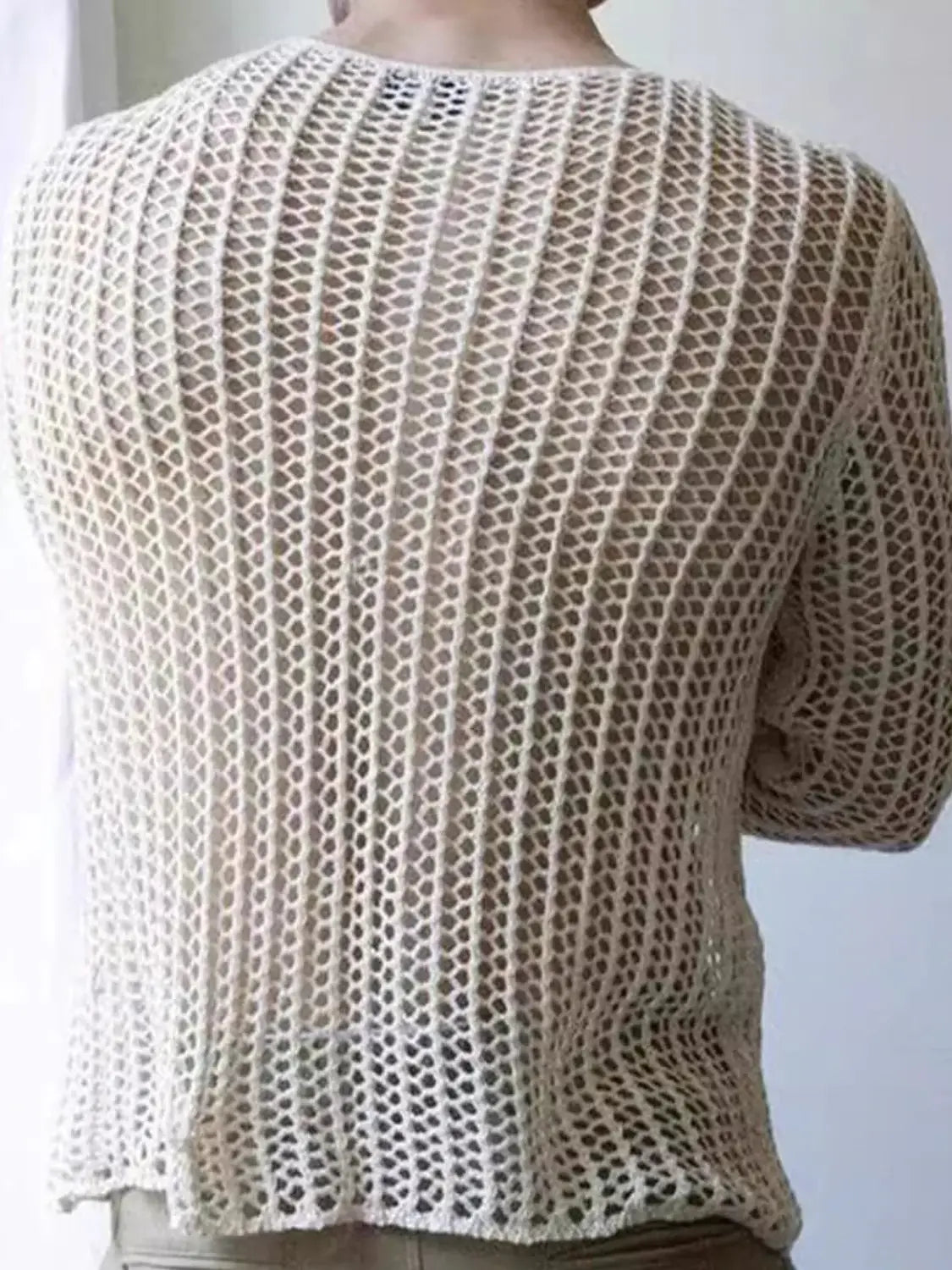 Men's Full Size Hollow Out Round Neck Long Sleeve Top Plus Size - Trendsi - Flyclothing LLC