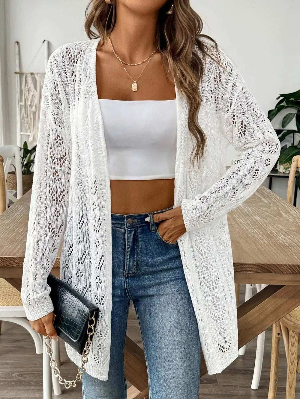 Openwork Open Front Long Sleeve Cardigan - Trendsi - Flyclothing LLC