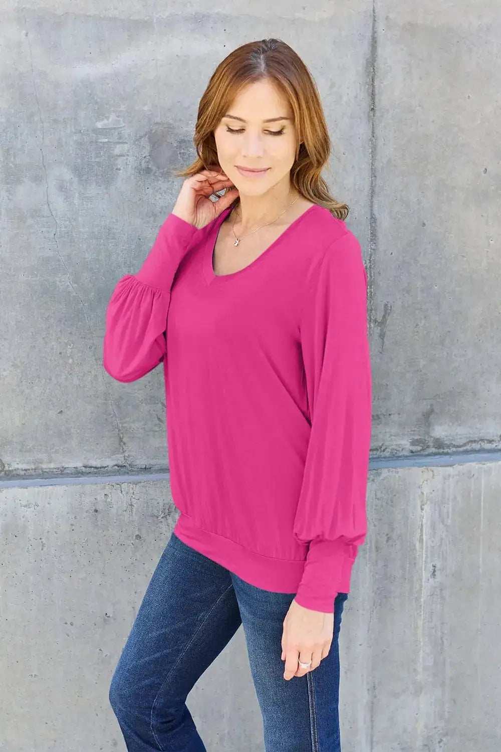 Basic Bae Full Size V-Neck Lantern Sleeve Top - Trendsi - Flyclothing LLC