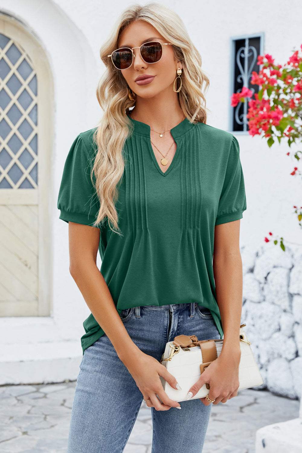 Notched Short Sleeve T-Shirt - Trendsi - Flyclothing LLC