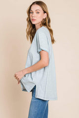 Cotton Bleu by Nu Lab Contrast Trim Short Sleeve Slit T-Shirt - Trendsi - Flyclothing LLC